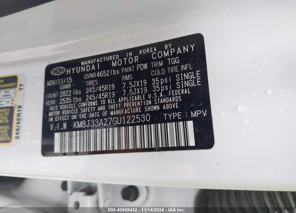2016 HYUNDAI TUCSON SPORT VIN: KM8J33A27GU122530