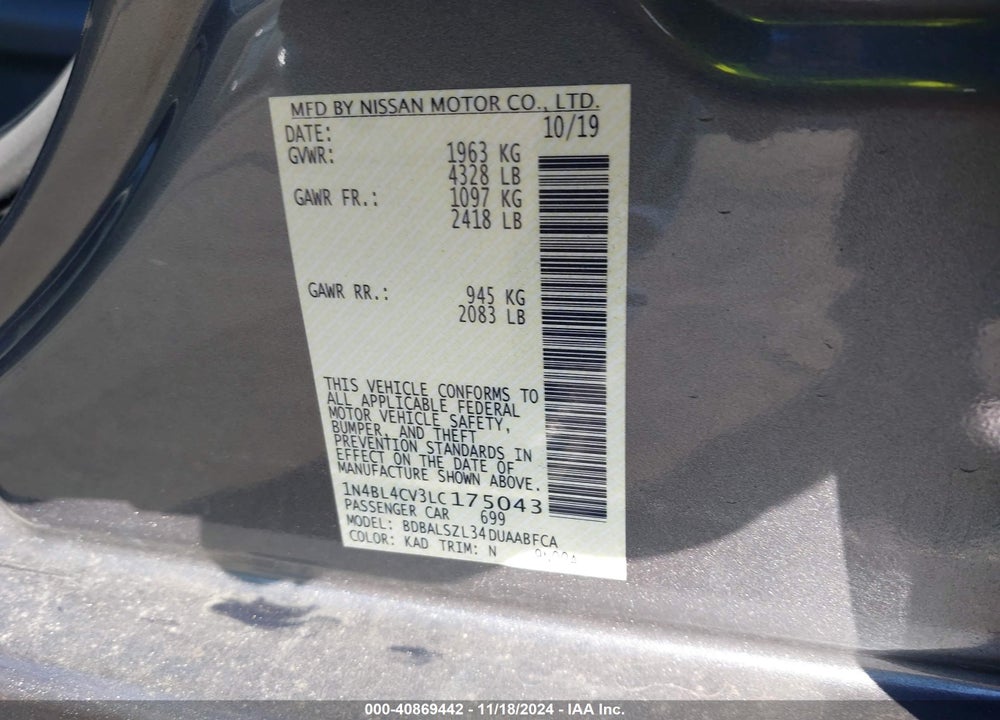 2020 NISSAN ALTIMA SR FWD VIN: 1N4BL4CV3LC175043