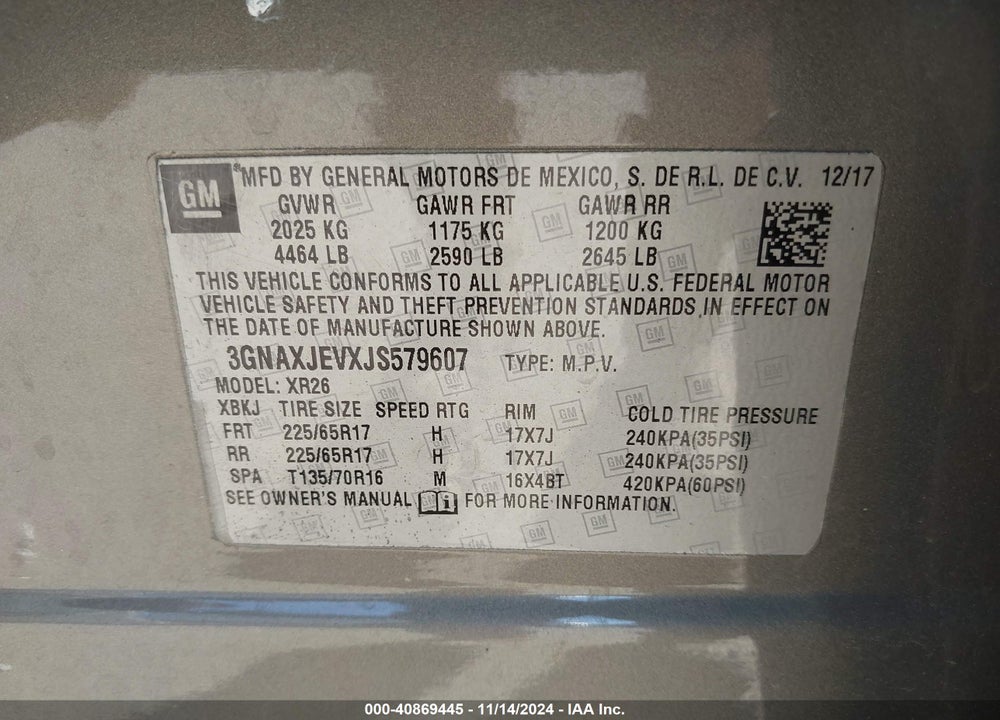 2018 CHEVROLET EQUINOX LT VIN: 3GNAXJEVXJS579607