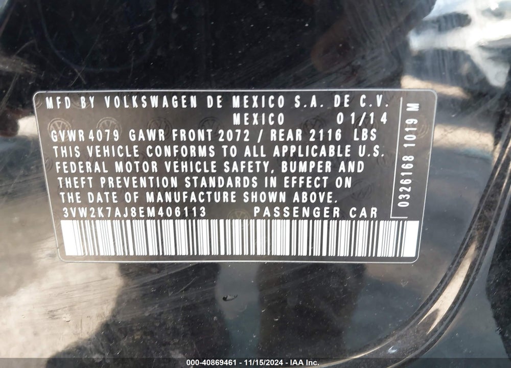 2014 VOLKSWAGEN JETTA 2.0L S VIN: 3VW2K7AJ8EM406113