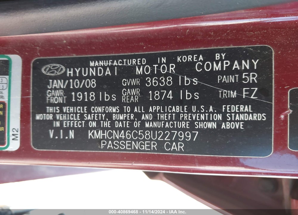 2008 HYUNDAI ACCENT GLS VIN: KMHCN46C58U227997