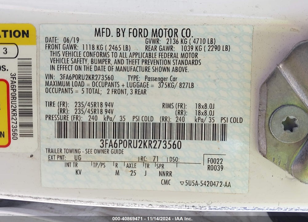 2019 FORD FUSION HYBRID TITANIUM VIN: 3FA6P0RU2KR273560