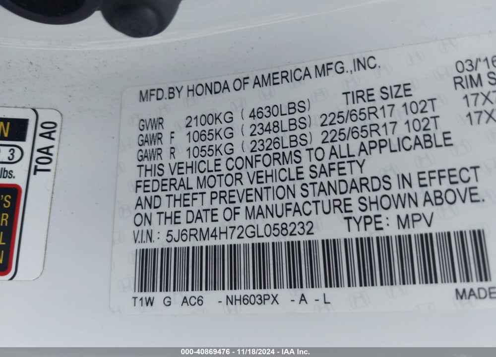 2016 HONDA CR-V EX-L VIN: 5J6RM4H72GL058232