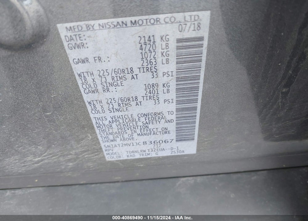 2018 NISSAN ROGUE SL VIN: 5N1AT2MV1JC836067