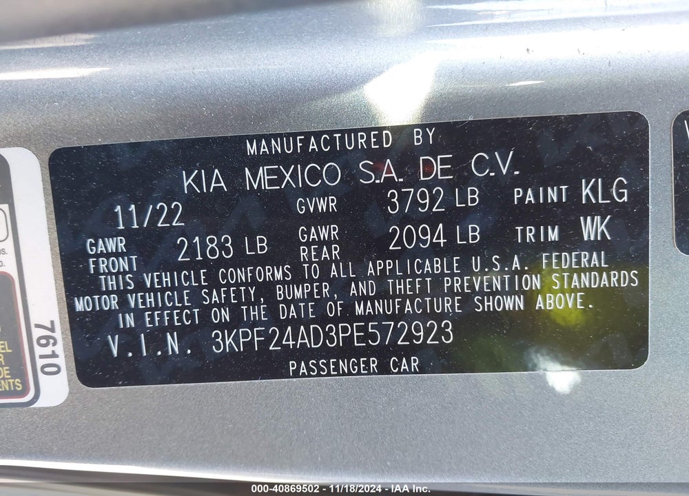 2023 KIA FORTE LXS VIN: 3KPF24AD3PE572923