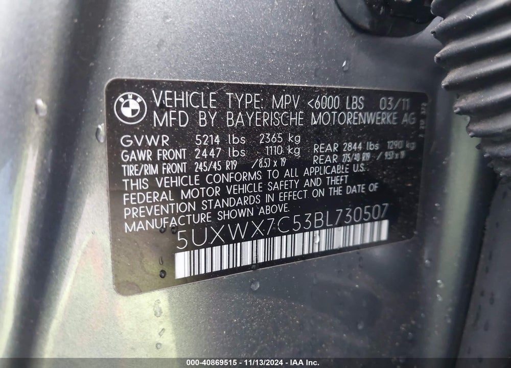 2011 BMW X3 XDRIVE35I VIN: 5UXWX7C53BL730507