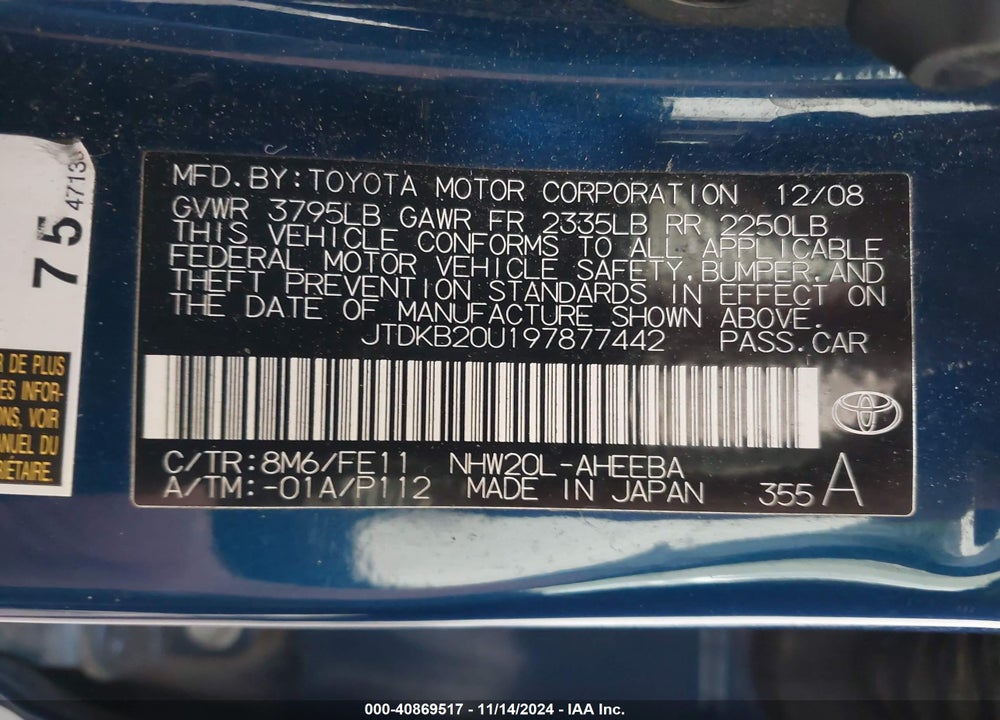 2009 TOYOTA PRIUS VIN: JTDKB20U197877442