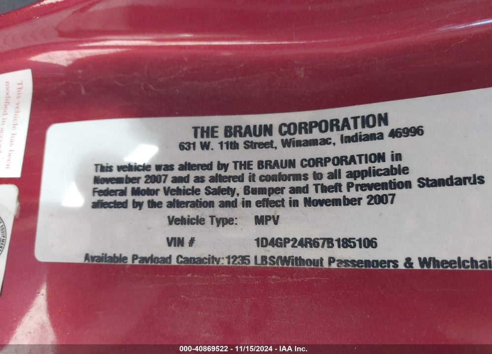 2007 DODGE GRAND CARAVAN SE VIN: 1D4GP24R67B185106