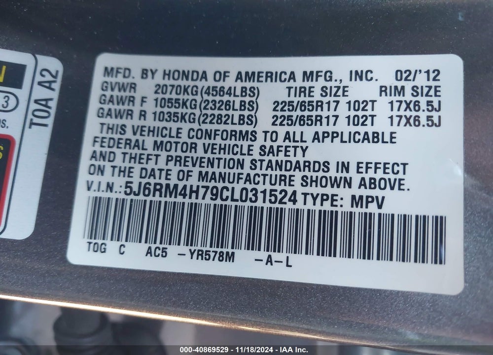 2012 HONDA CR-V EX-L VIN: 5J6RM4H79CL031524