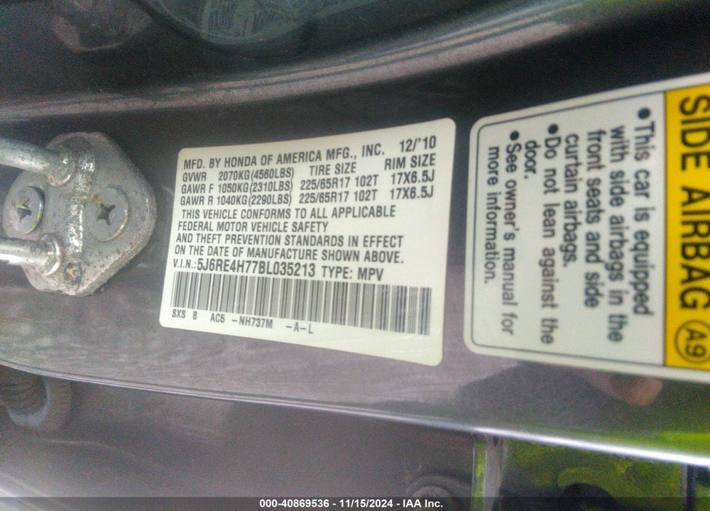 2011 HONDA CR-V EX-L VIN: 5J6RE4H77BL035213