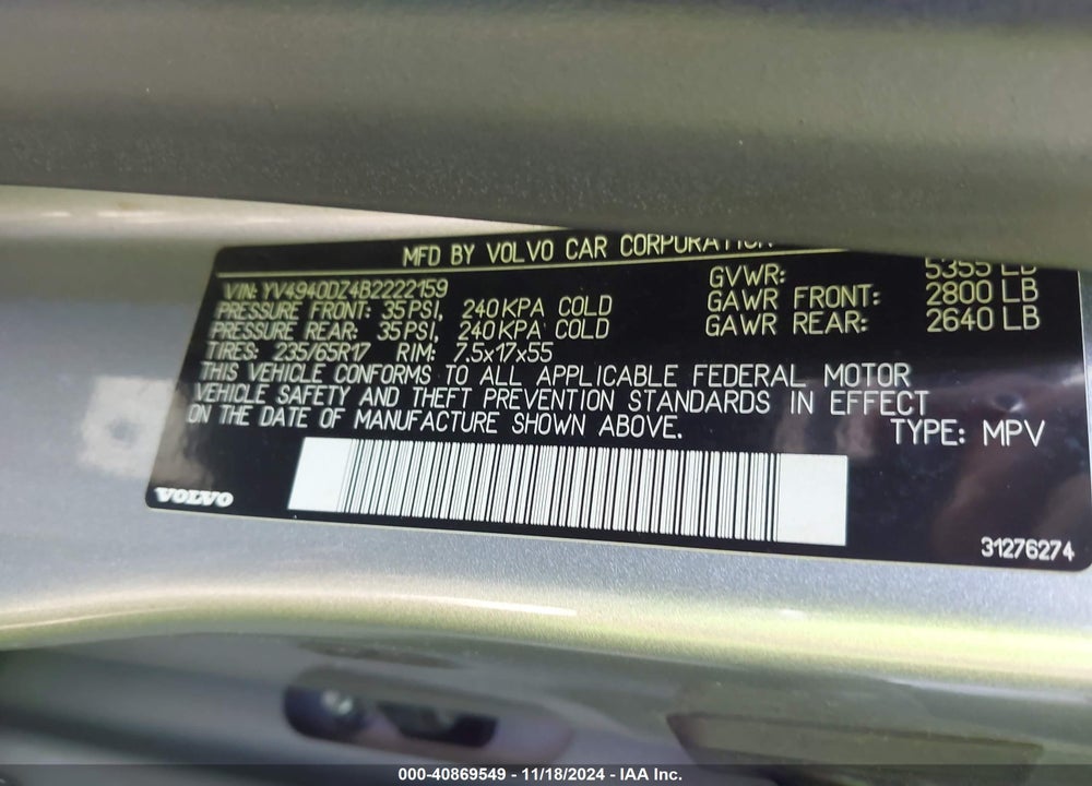 2011 VOLVO XC60 3.2 VIN: YV4940DZ4B2222159