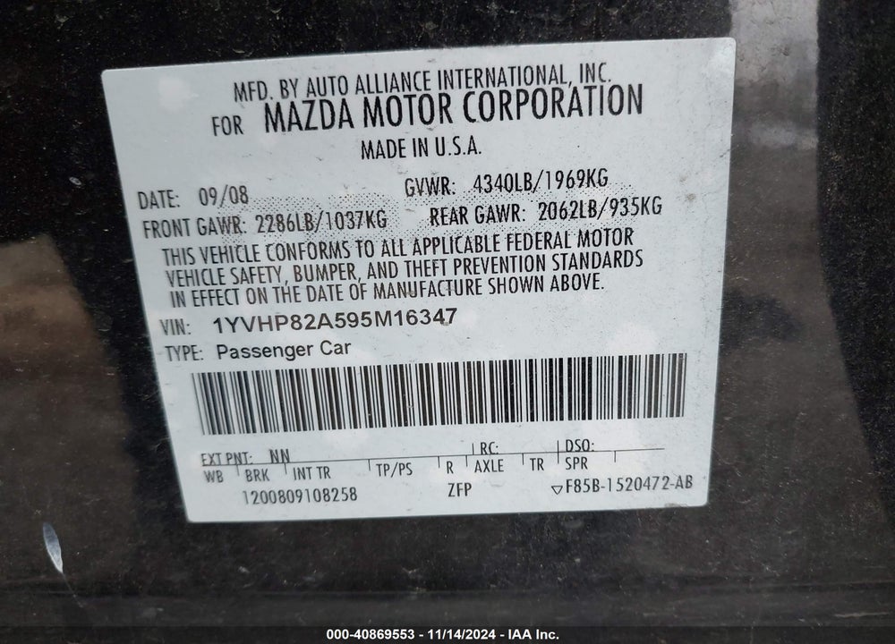 2009 MAZDA 6 I GRAND TOURING VIN: 1YVHP82A595M16347
