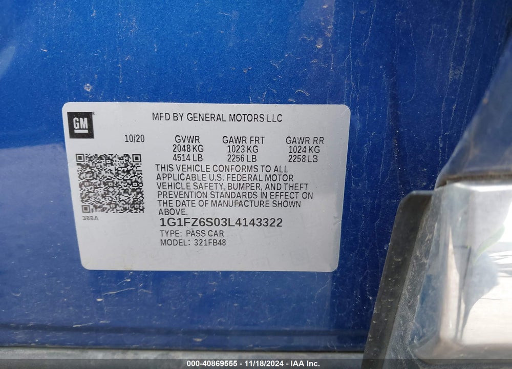 2020 CHEVROLET BOLT EV FWD PREMIER VIN: 1G1FZ6S03L4143322