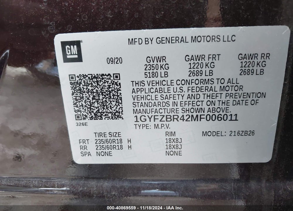 2021 CADILLAC XT4 AWD LUXURY VIN: 1GYFZBR42MF006011