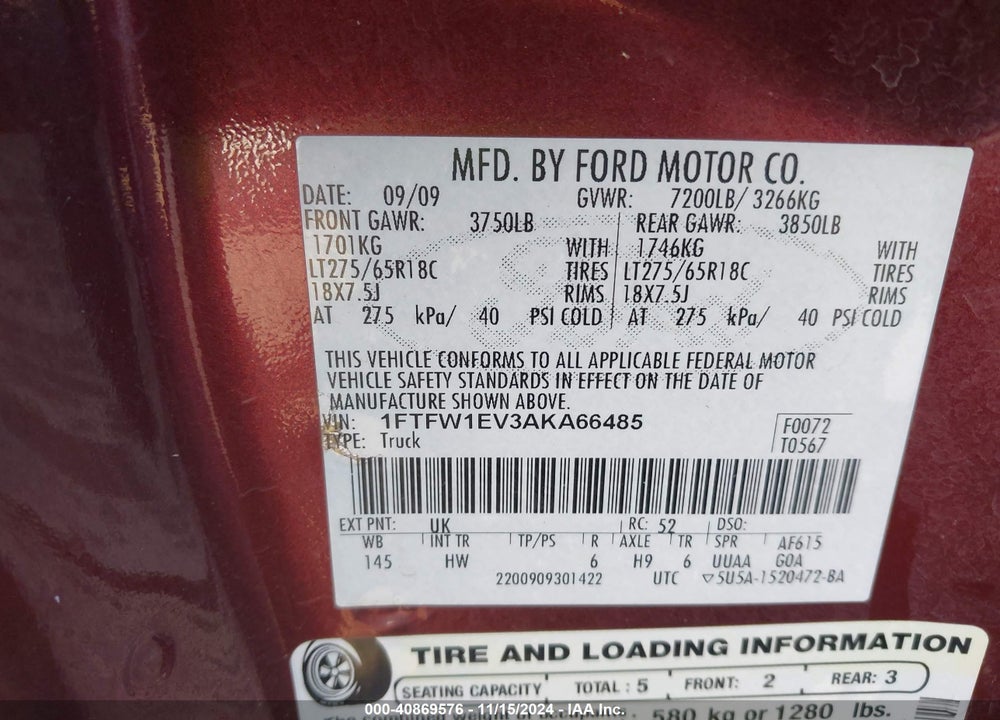 2010 FORD F-150 FX4/HARLEY-DAVIDSON/KING RANCH/LARIAT/PLATINUM/XL/XLT VIN: 1FTFW1EV3AKA66485