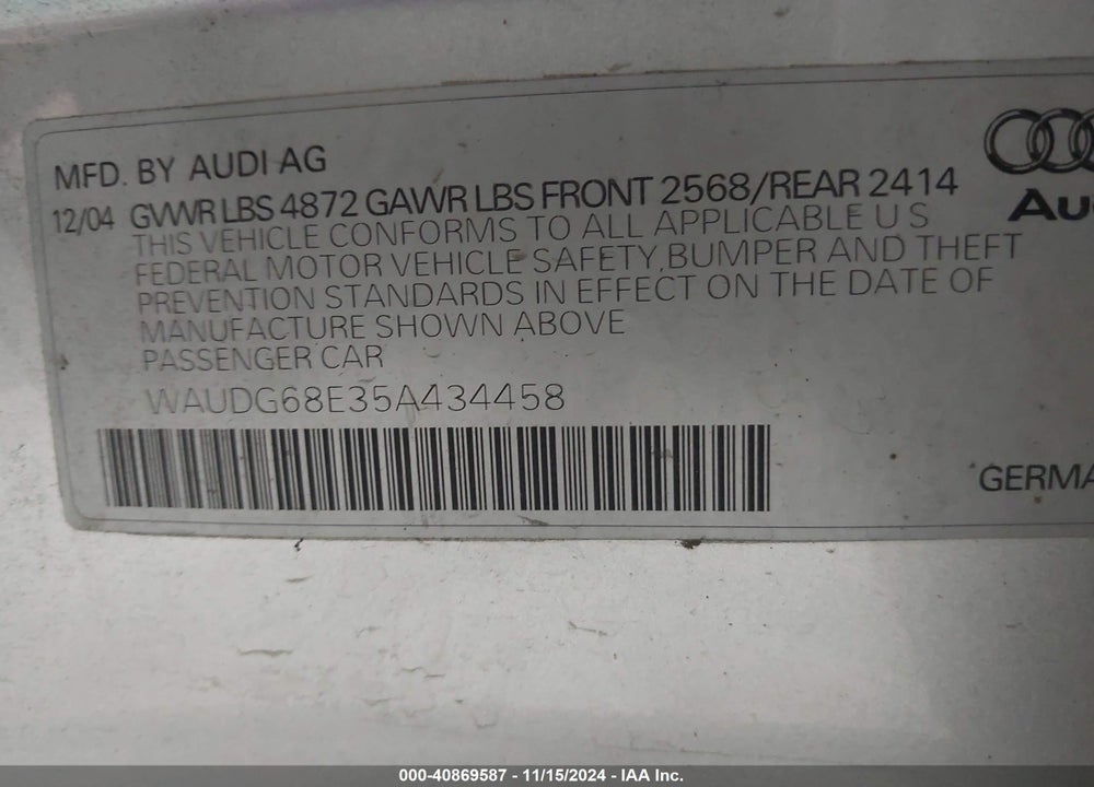 2005 AUDI A4 3.2 VIN: WAUDG68E35A434458