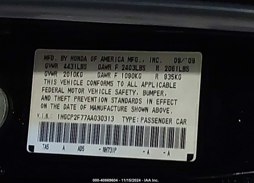 2010 HONDA ACCORD 2.4 EX VIN: 1HGCP2F77AA030313