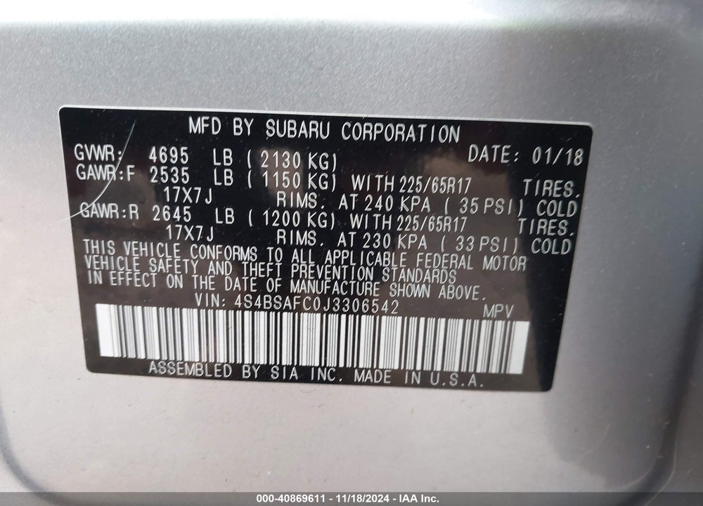 2018 SUBARU OUTBACK VIN: 4S4BSAFC0J3306542