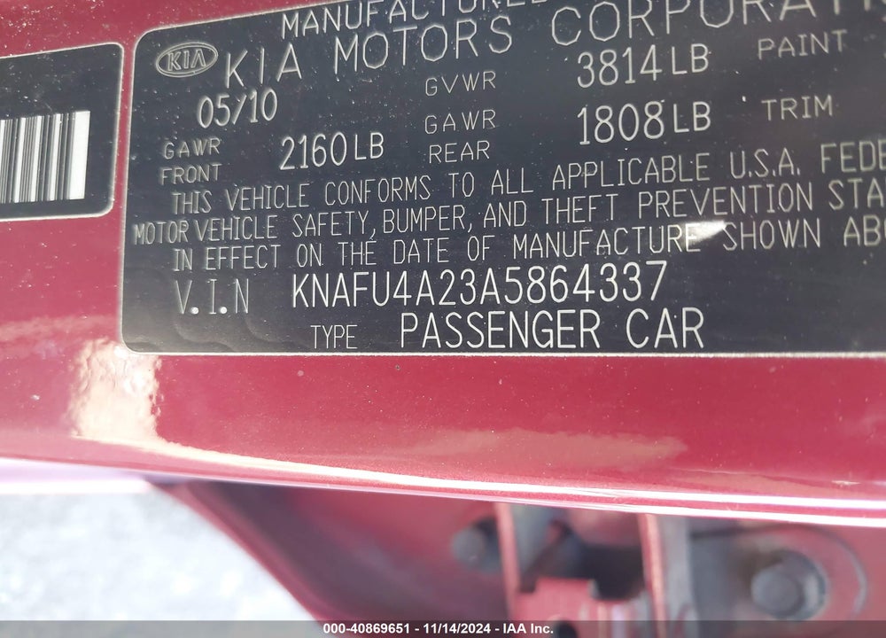 2010 KIA FORTE EX VIN: KNAFU4A23A5864337