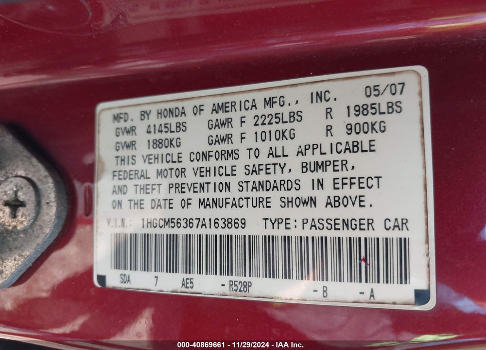 2007 HONDA ACCORD 2.4 SE VIN: 1HGCM56367A163869