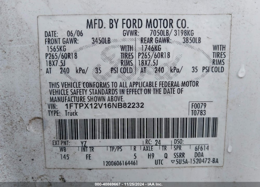 2006 FORD F-150 LARIAT/XL/XLT VIN: 1FTPX12V16NB82232