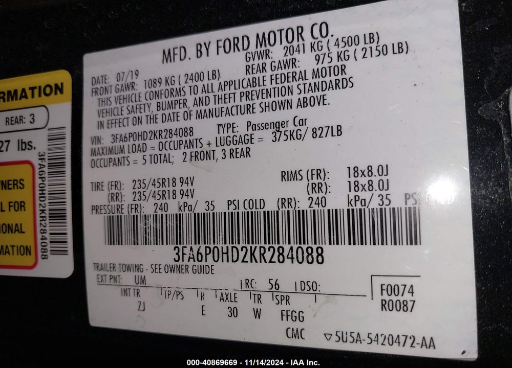 2019 FORD FUSION SE VIN: 3FA6P0HD2KR284088
