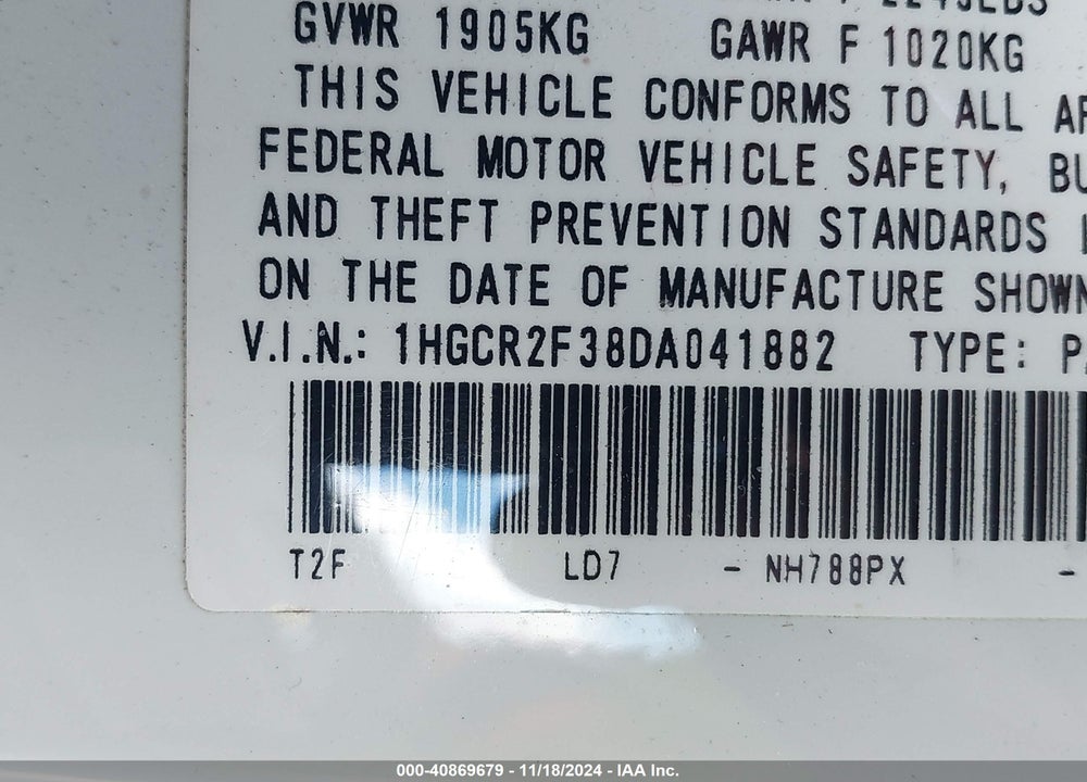 2013 HONDA ACCORD LX VIN: 1HGCR2F38DA041882