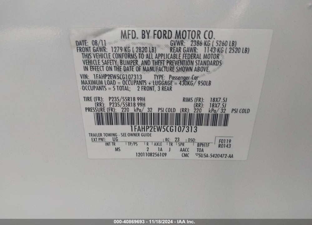 2012 FORD TAURUS SEL VIN: 1FAHP2EW5CG107313
