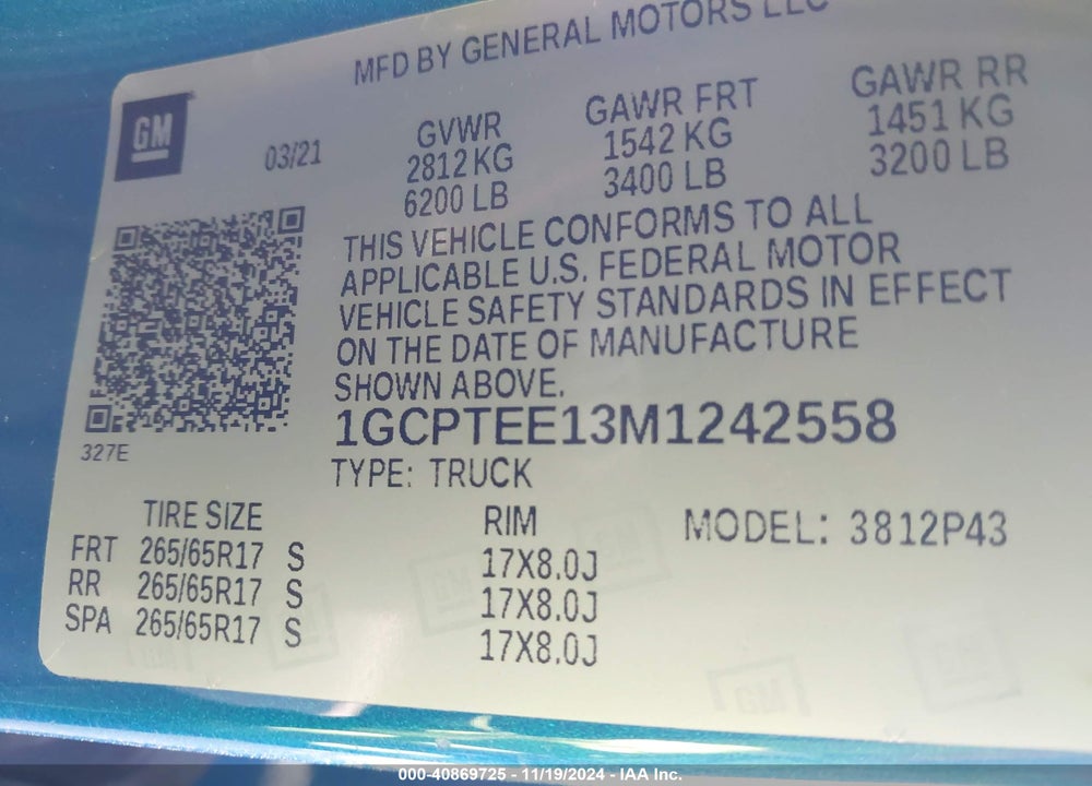 2021 CHEVROLET COLORADO VIN: 1GCPTEE13M1242558