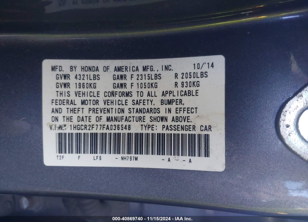 2015 HONDA ACCORD EX VIN: 1HGCR2F77FA036548