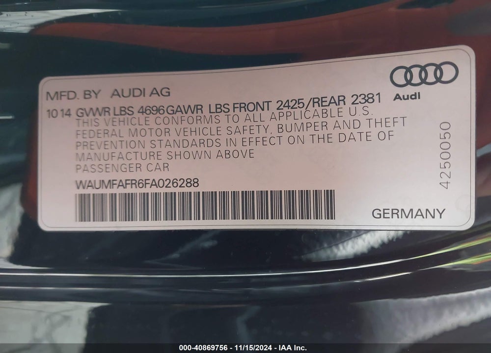 2015 AUDI A5 2.0T PREMIUM VIN: WAUMFAFR6FA026288