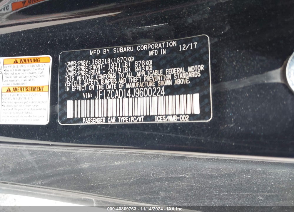 2018 SUBARU BRZ TS VIN: JF1ZCAD14J9600224