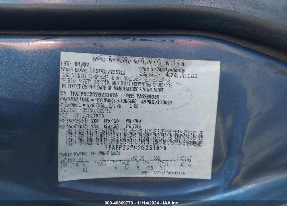 2002 FORD TAURUS SE VIN: 1FAFP53202G231626