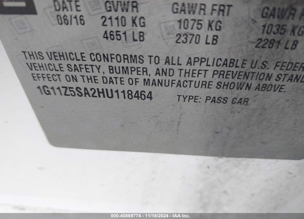 2017 CHEVROLET IMPALA LS VIN: 1G11Z5SA2HU118464