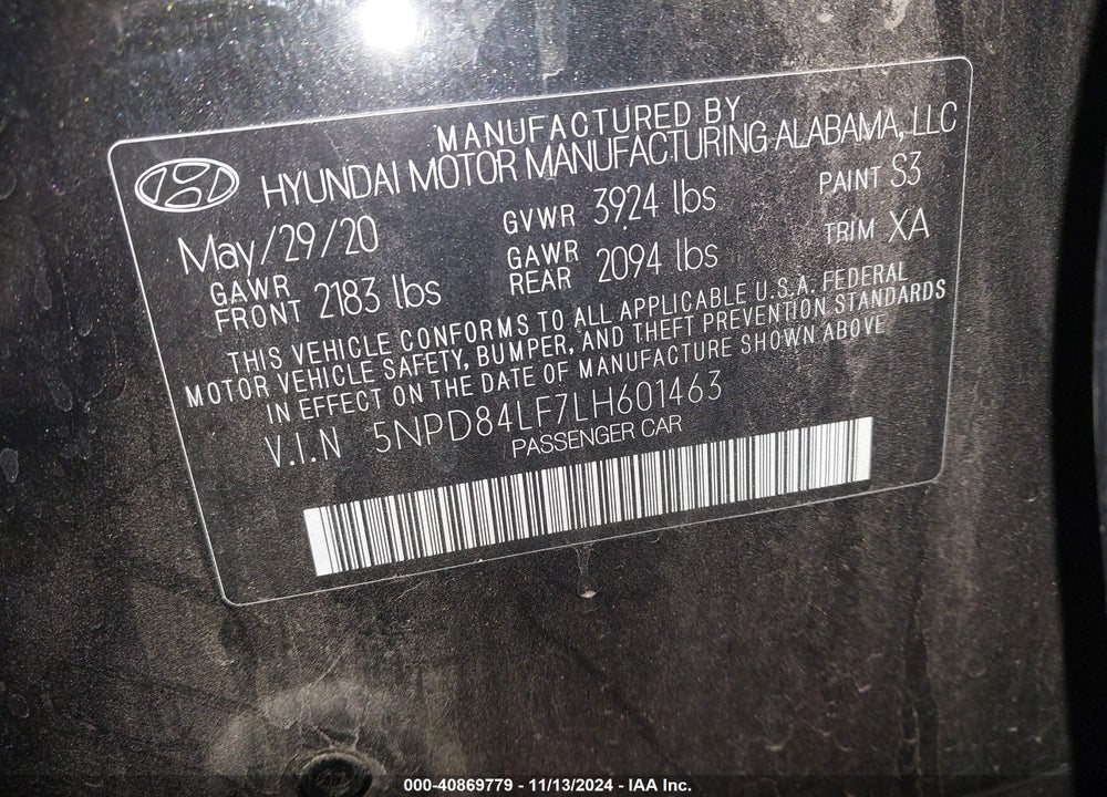 2020 HYUNDAI ELANTRA VIN: 5NPD84LF7LH601463
