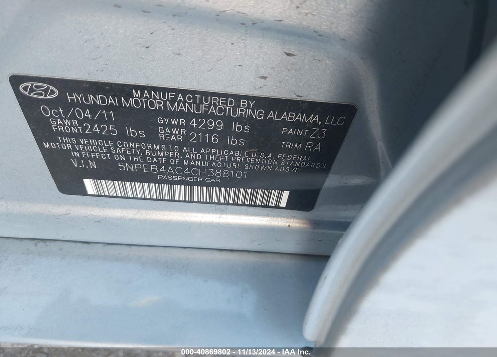 2012 HYUNDAI SONATA GLS VIN: 5NPEB4AC4CH388101