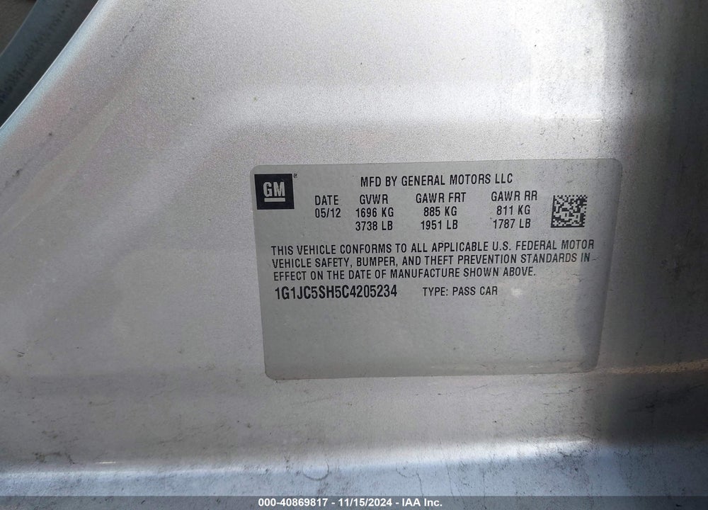 2012 CHEVROLET SONIC 2LT VIN: 1G1JC5SH5C4205234
