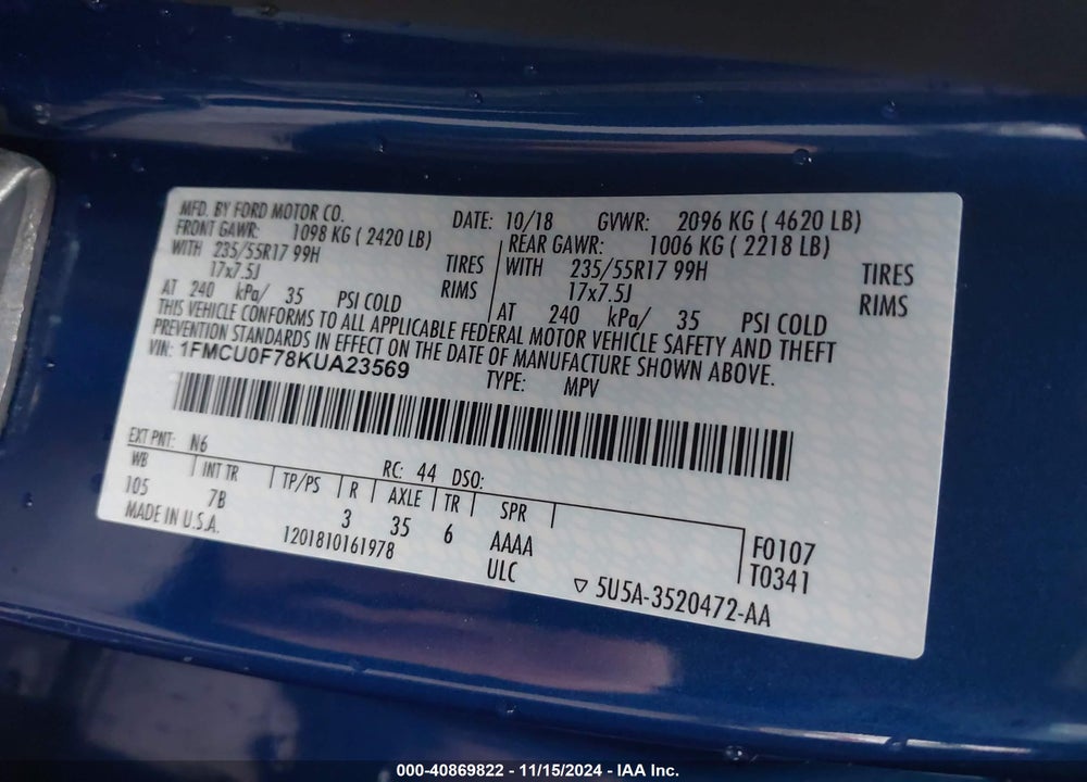 2019 FORD ESCAPE S VIN: 1FMCU0F78KUA23569