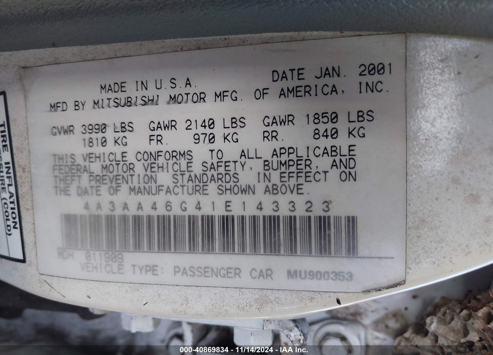 2001 MITSUBISHI GALANT ES VIN: 4A3AA46G41E143323