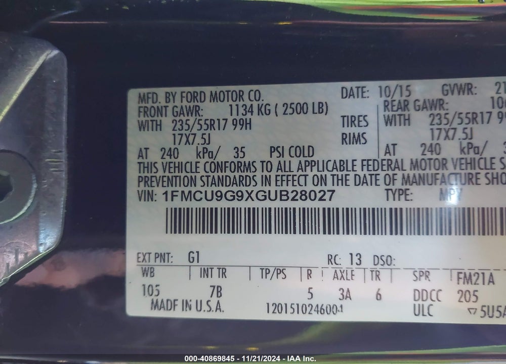 2016 FORD ESCAPE SE VIN: 1FMCU9G9XGUB28027