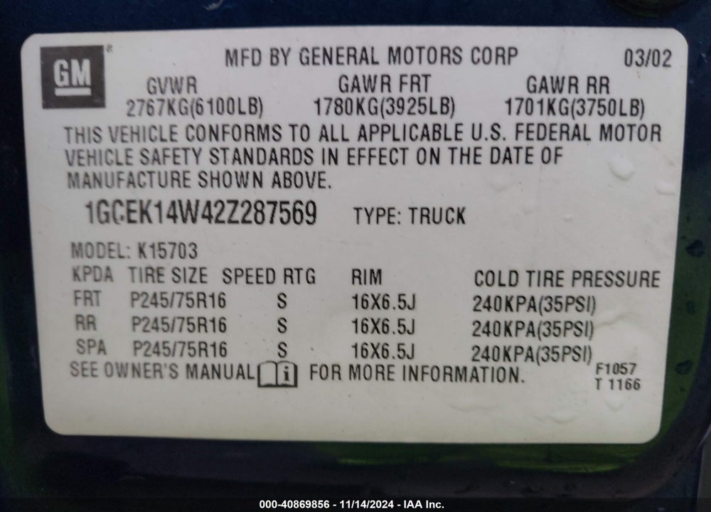 2002 CHEVROLET SILVERADO 1500 VIN: 1GCEK14W42Z287569