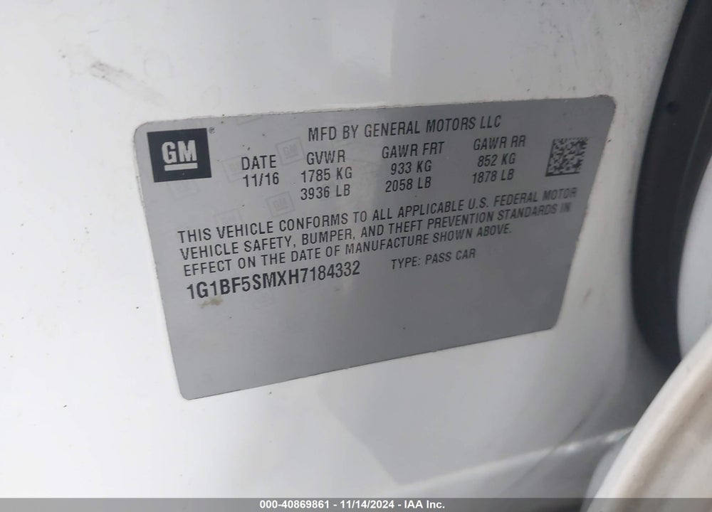 2017 CHEVROLET CRUZE PREMIER AUTO VIN: 1G1BF5SMXH7184332