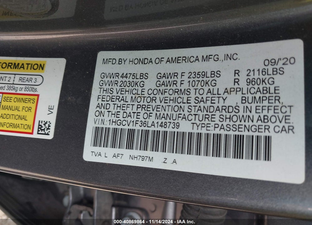 2020 HONDA ACCORD SPORT VIN: 1HGCV1F36LA148739