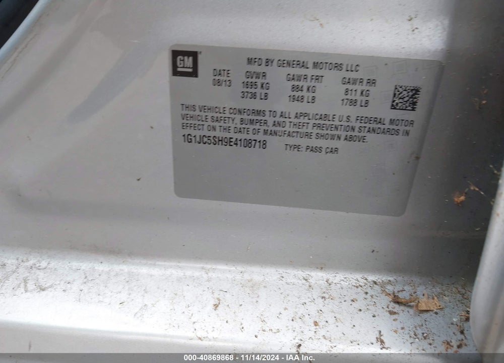 2014 CHEVROLET SONIC LT AUTO VIN: 1G1JC5SH9E4108718