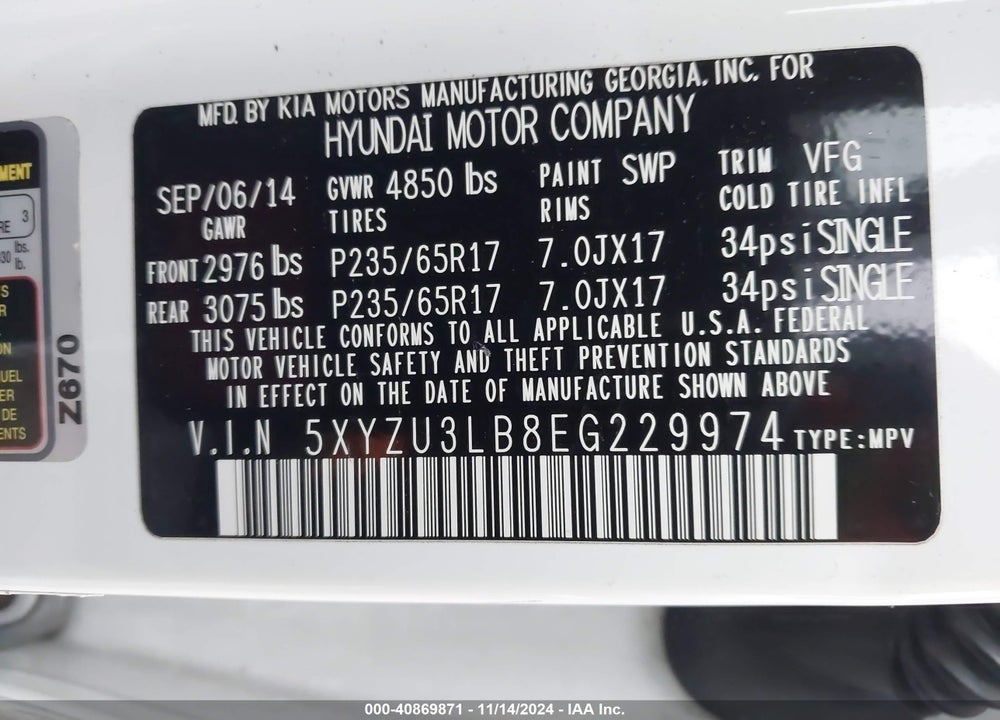 2014 HYUNDAI SANTA FE SPORT 2.4L VIN: 5XYZU3LB8EG229974
