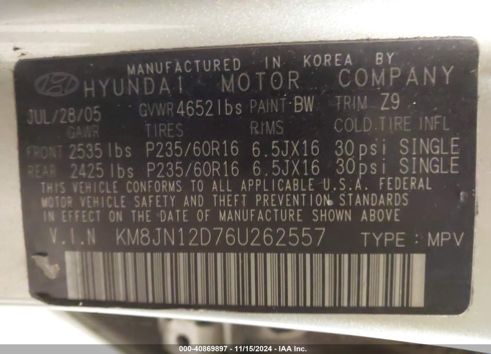 2006 HYUNDAI TUCSON GLS/LIMITED VIN: KM8JN12D76U262557