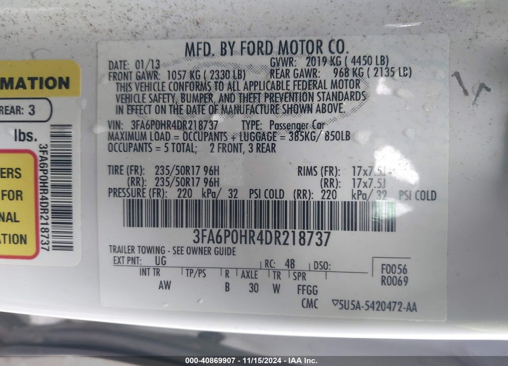 2013 FORD FUSION SE VIN: 3FA6P0HR4DR218737