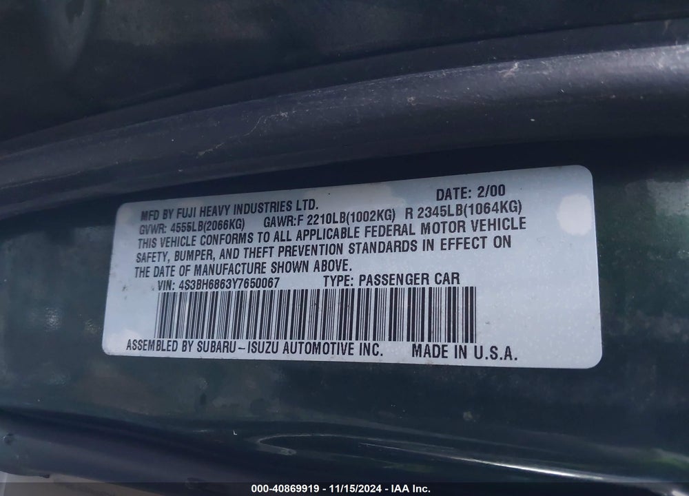 2000 SUBARU OUTBACK LIMITED VIN: 4S3BH6863Y7650067