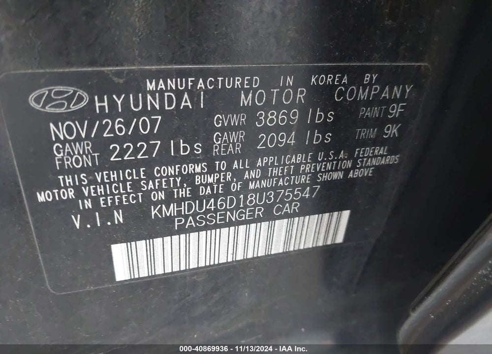 2008 HYUNDAI ELANTRA GLS/SE VIN: KMHDU46D18U375547