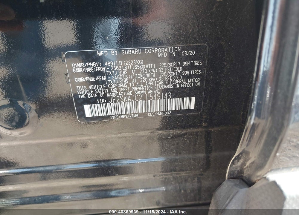 2020 SUBARU FORESTER PREMIUM VIN: JF2SKAJC2LH549143